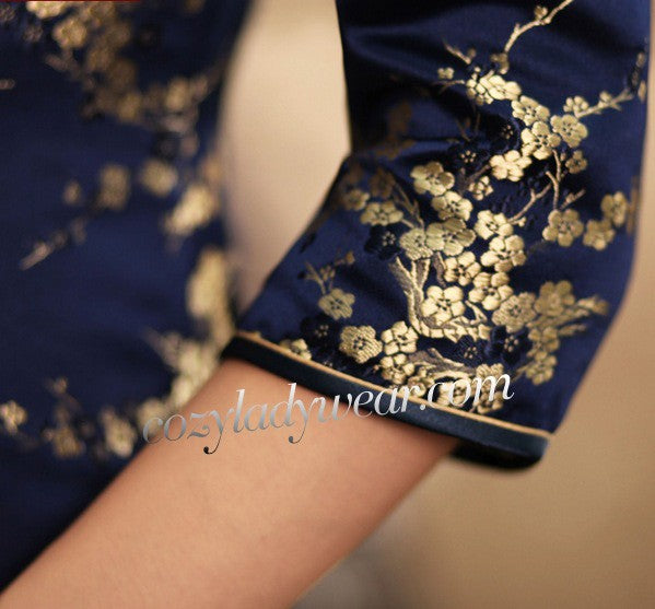 Clearance Blue Jacquard Floral Qipao Cheongsam Dress