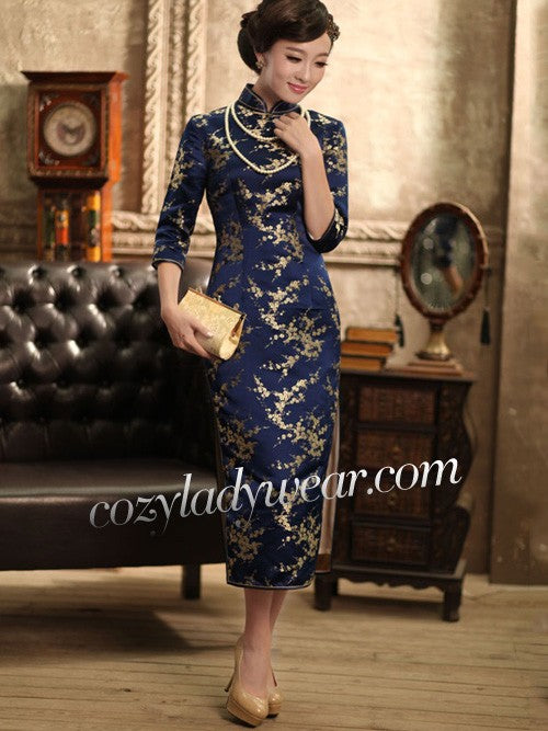 Clearance Blue Jacquard Floral Qipao Cheongsam Dress