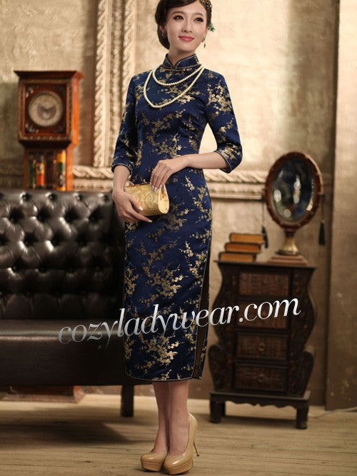 Clearance Blue Jacquard Floral Qipao Cheongsam Dress