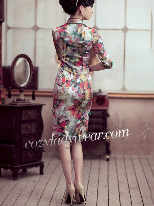 Clearance Floral Mulberry Silk Half Sleeve Qipao Cheongsam Dress