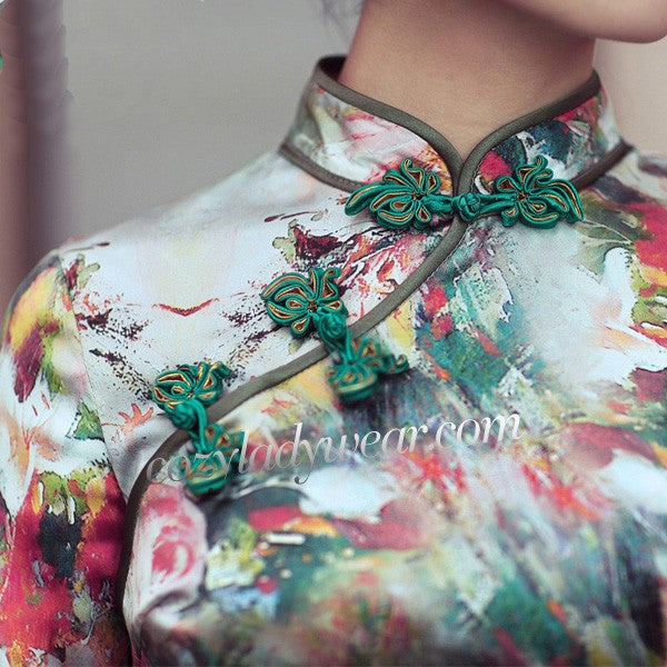 Clearance Floral Mulberry Silk Half Sleeve Qipao Cheongsam Dress