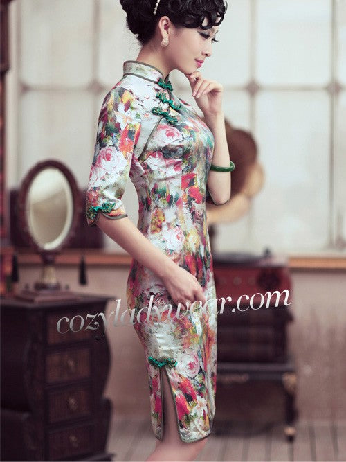 Clearance Floral Mulberry Silk Half Sleeve Qipao Cheongsam Dress