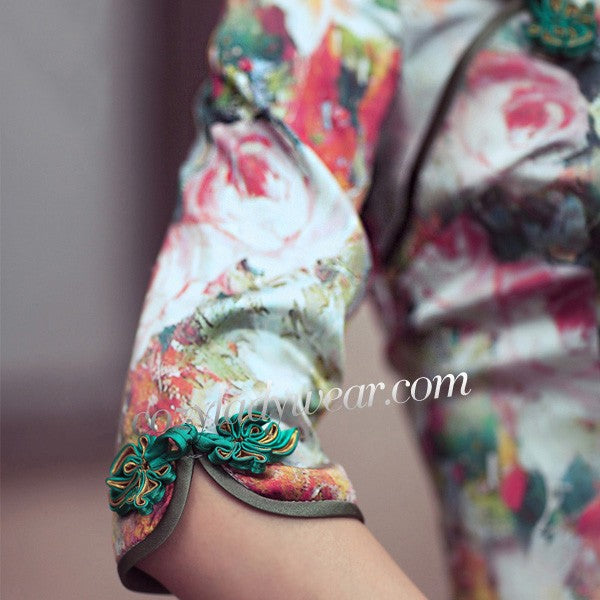 Clearance Floral Mulberry Silk Half Sleeve Qipao Cheongsam Dress