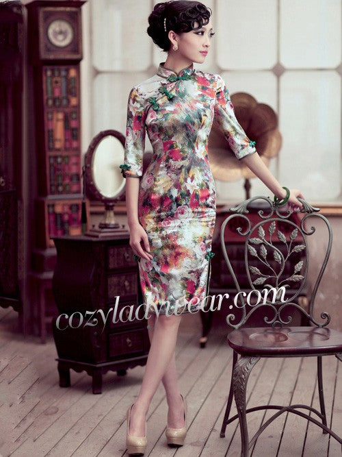 Clearance Floral Mulberry Silk Half Sleeve Qipao Cheongsam Dress