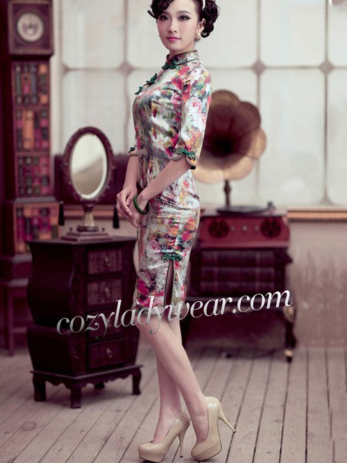 Clearance Floral Mulberry Silk Half Sleeve Qipao Cheongsam Dress