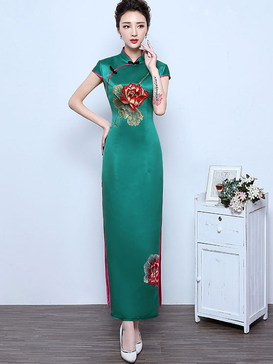 Clearance Red Green Embroidered Lotus Cheongsam Dress