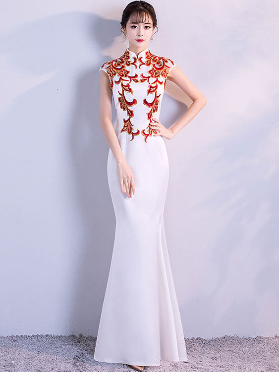 White Appliques Fishtail Qipao Cheongsam Dress
