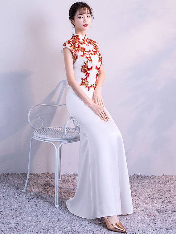 White Appliques Fishtail Qipao Cheongsam Dress
