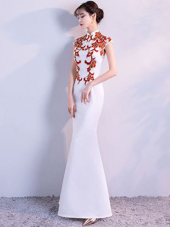 White Appliques Fishtail Qipao Cheongsam Dress