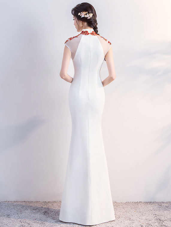 White Appliques Fishtail Qipao Cheongsam Dress