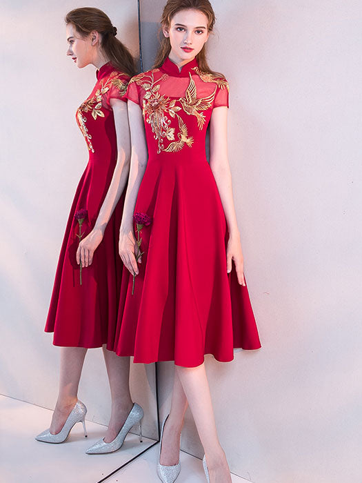 Burgundy A-line Midi Cheongsam Qipao Dress