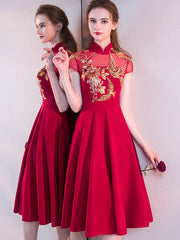 Burgundy A-line Midi Cheongsam Qipao Dress