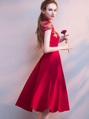 Burgundy A-line Midi Cheongsam Qipao Dress