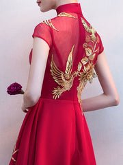 Burgundy A-line Midi Cheongsam Qipao Dress