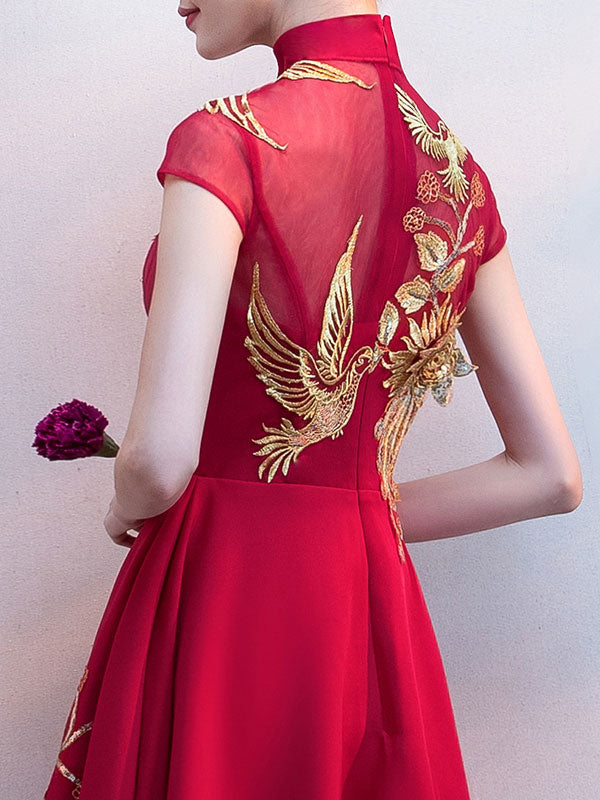 Burgundy A-line Midi Cheongsam Qipao Dress