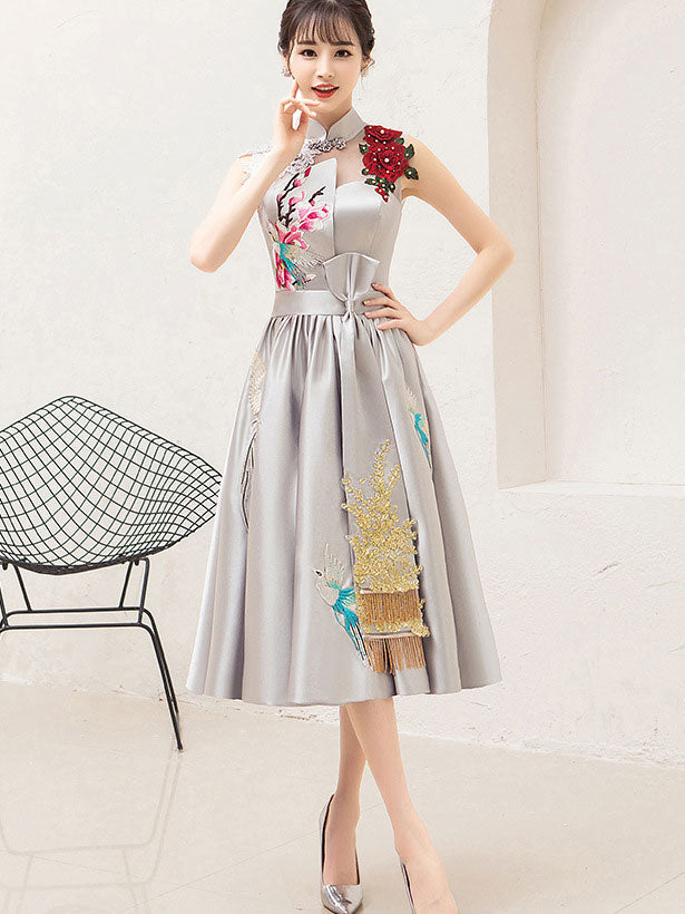 Red Embroidered Phoenix A-Line Qipao Cheongsam Wedding Dress