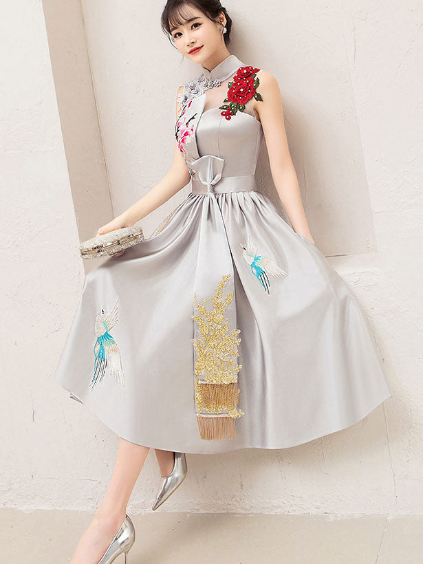 Red Embroidered Phoenix A-Line Qipao Cheongsam Wedding Dress