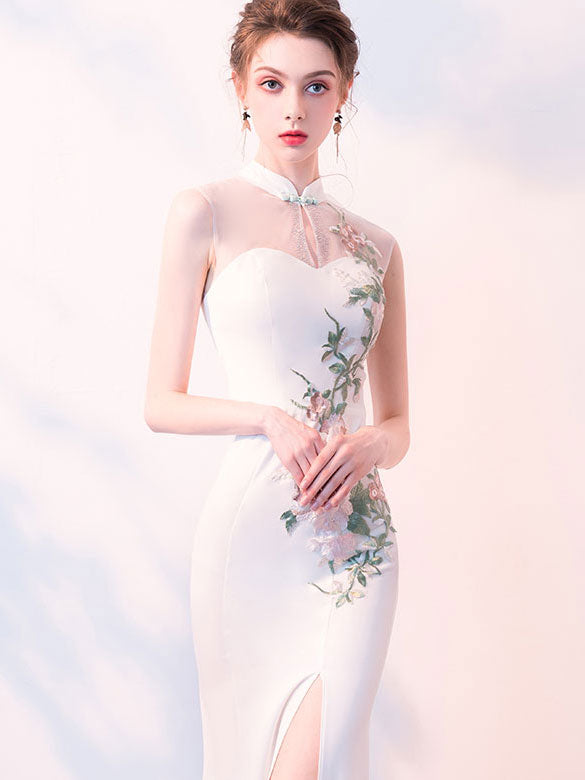 White Embroidered Thigh Split Qipao Cheongsam Evening Dress