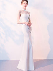 White Embroidered Thigh Split Qipao Cheongsam Evening Dress