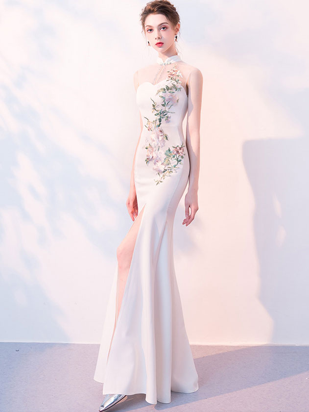 White Embroidered Thigh Split Qipao Cheongsam Evening Dress