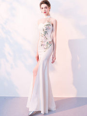White Embroidered Thigh Split Qipao Cheongsam Evening Dress
