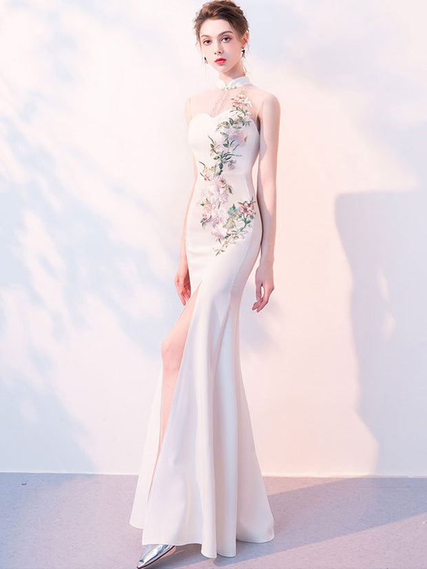 White Embroidered Thigh Split Qipao Cheongsam Evening Dress
