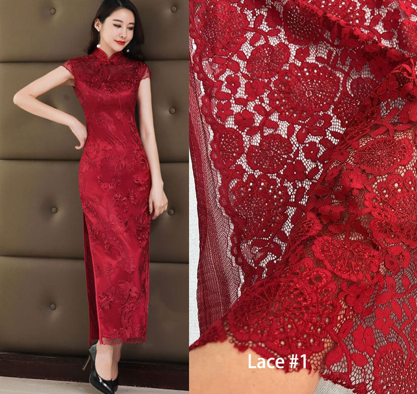 Wine Red Lace Long Qipao Cheongsam Wedding Dress