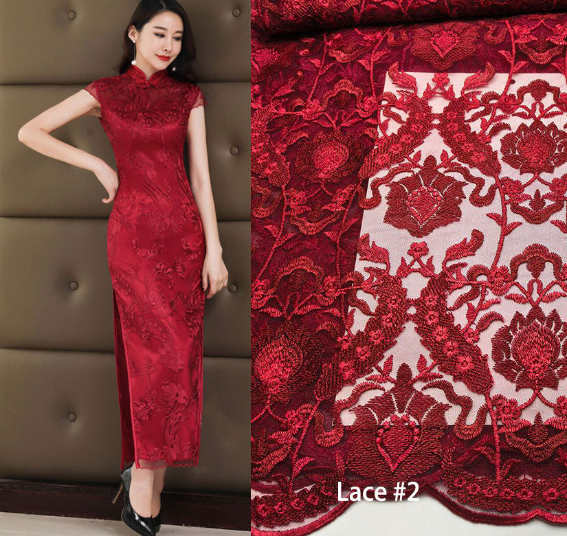 Wine Red Lace Long Qipao Cheongsam Wedding Dress