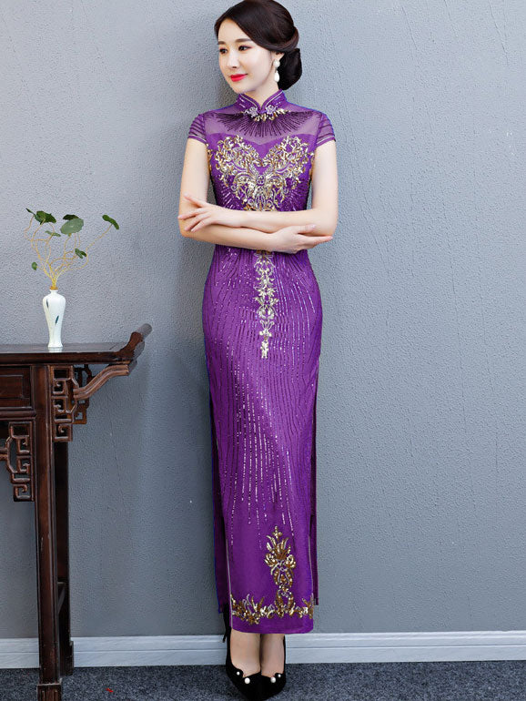 Purple Blue Sequin Maxi Qipao Cheongsam Evening Dress