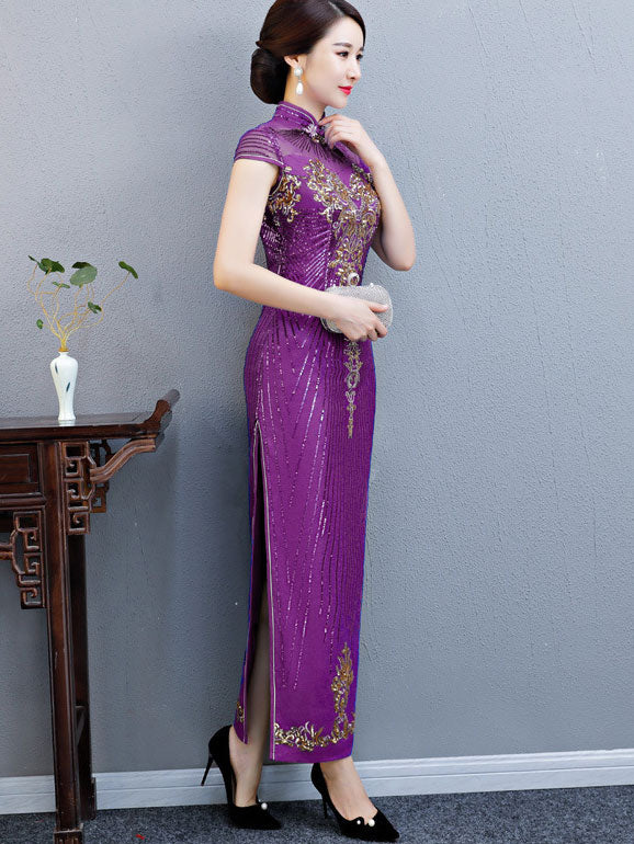 Purple Blue Sequin Maxi Qipao Cheongsam Evening Dress