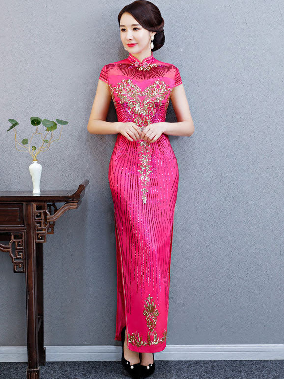 Purple Blue Sequin Maxi Qipao Cheongsam Evening Dress