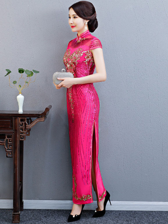 Purple Blue Sequin Maxi Qipao Cheongsam Evening Dress