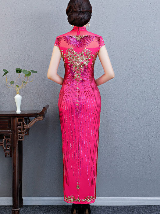 Purple Blue Sequin Maxi Qipao Cheongsam Evening Dress