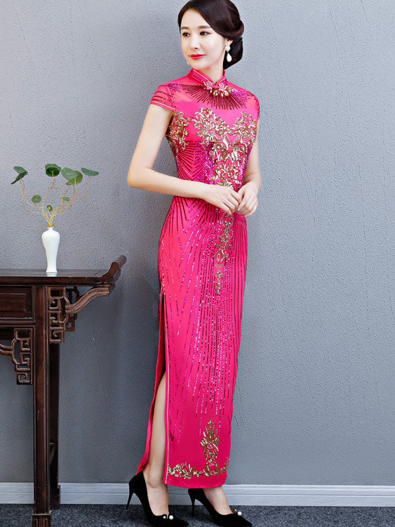Purple Blue Sequin Maxi Qipao Cheongsam Evening Dress