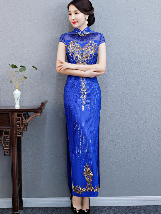 Purple Blue Sequin Maxi Qipao Cheongsam Evening Dress