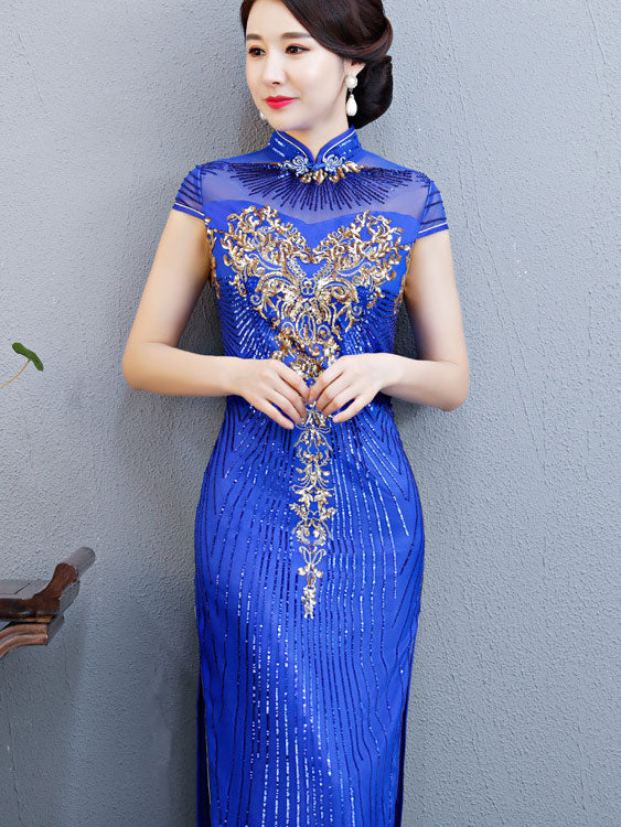 Purple Blue Sequin Maxi Qipao Cheongsam Evening Dress