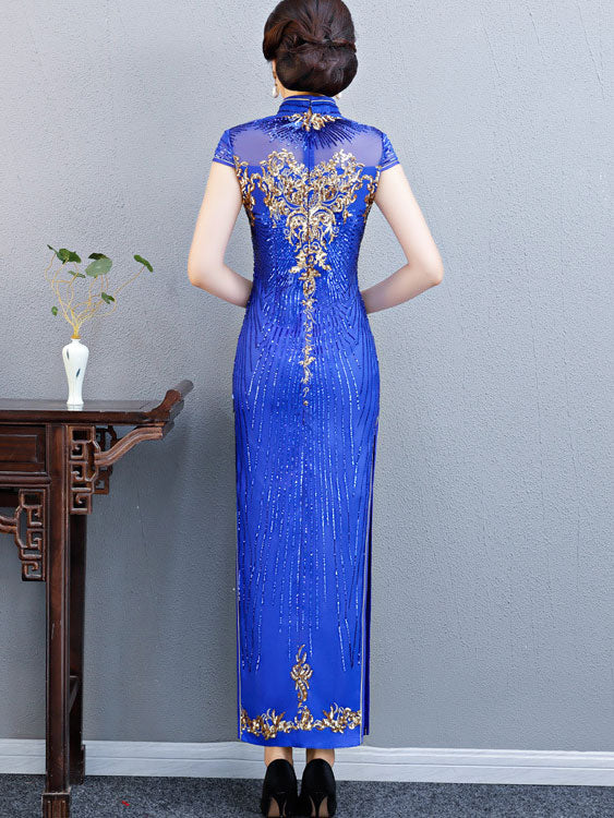 Purple Blue Sequin Maxi Qipao Cheongsam Evening Dress