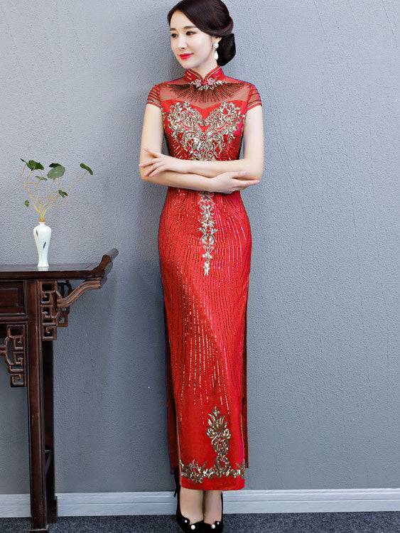 Purple Blue Sequin Maxi Qipao Cheongsam Evening Dress