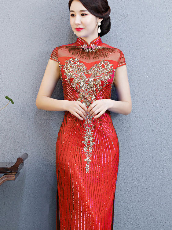 Purple Blue Sequin Maxi Qipao Cheongsam Evening Dress