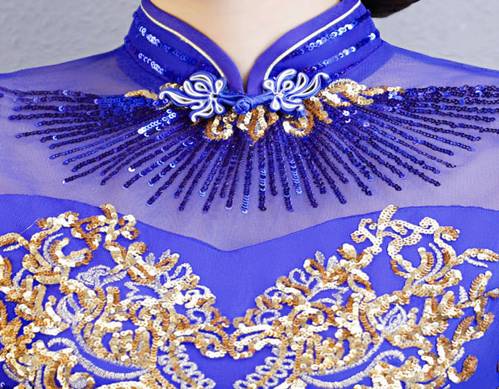 Purple Blue Sequin Maxi Qipao Cheongsam Evening Dress