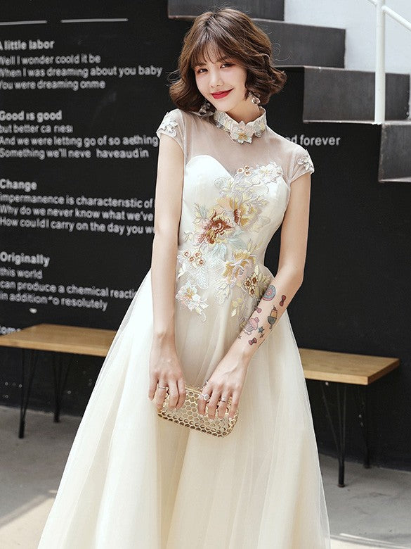 Champagne A-Line Sheer Tulle Qipao Cheongsam Dress