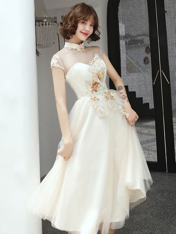 Champagne A-Line Sheer Tulle Qipao Cheongsam Dress