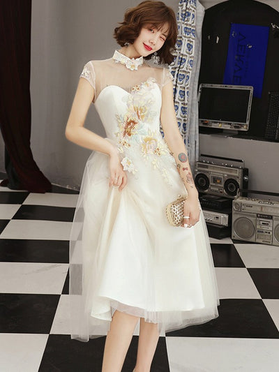 Champagne A-Line Sheer Tulle Qipao Cheongsam Dress