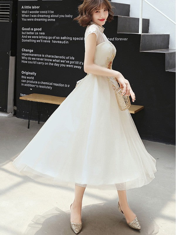 Champagne A-Line Sheer Tulle Qipao Cheongsam Dress