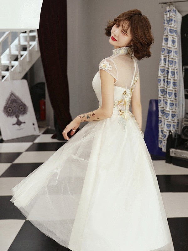 Champagne A-Line Sheer Tulle Qipao Cheongsam Dress