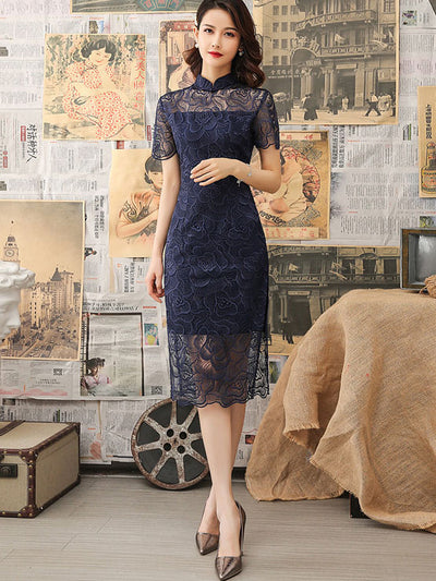 Blue Floral Lace Qipao Cheongsam Dress