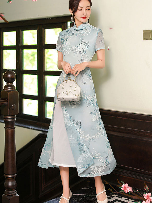 Floral Print Midi A-Line Casual Cheongsam Qipao Dress