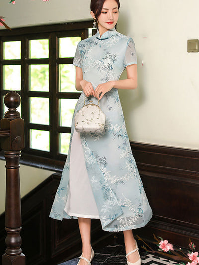 Blue Jacquard Mid Qipao / Cheongsam Dress - CozyLadyWear