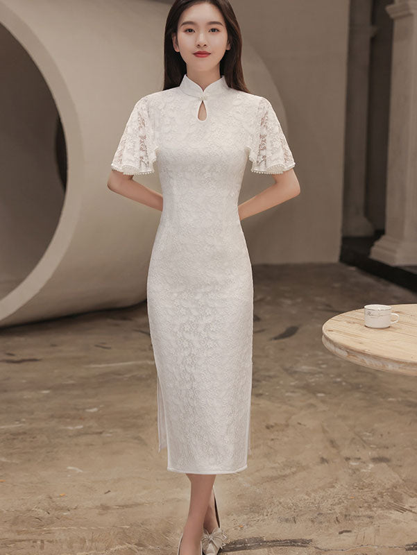 White Red Lace Wedding Cheongsam QiPao with Flutter Sleeve