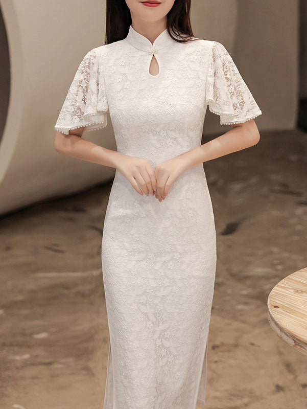 White Red Lace Wedding Cheongsam QiPao with Flutter Sleeve